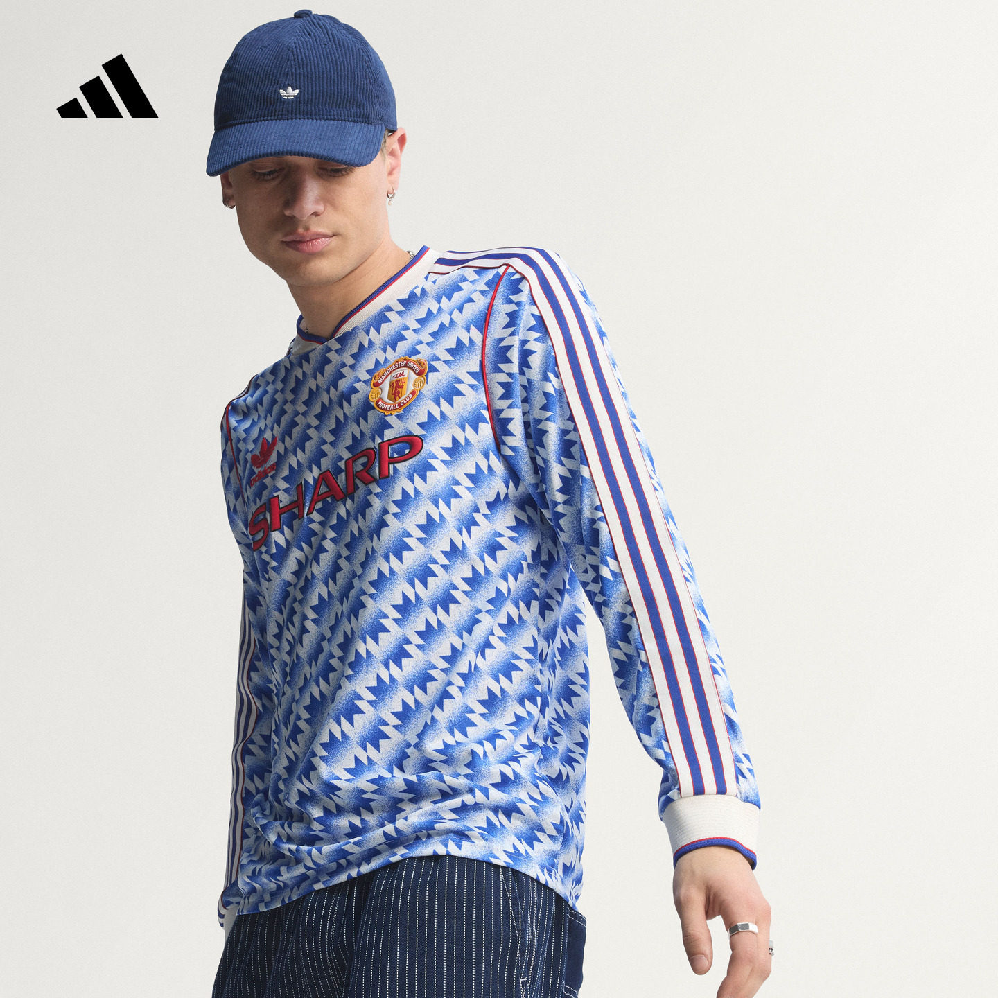 曼联1991/92复古足球休闲文化修身V领长袖球衣男adidas阿迪达斯