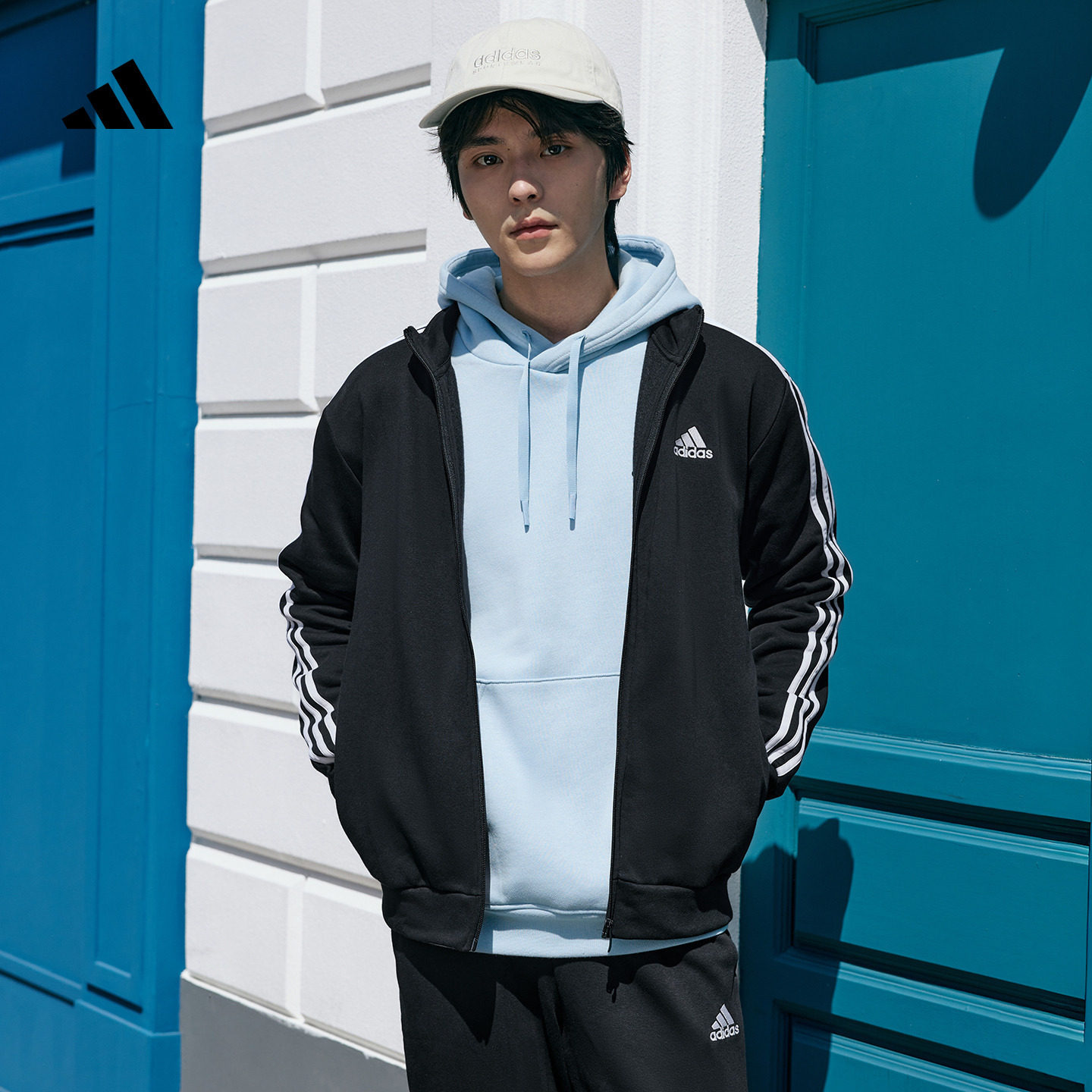 简约舒适三条纹加绒休闲套装拉链卫衣卫裤男adidas阿迪达斯轻运动