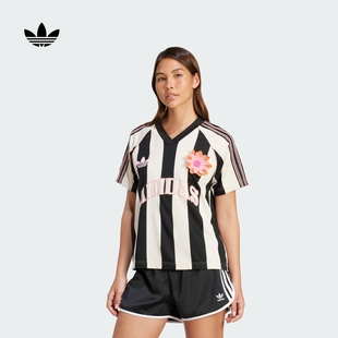 条纹立体钩针花朵V领提花短袖 经典 球衣女夏adidas阿迪达斯三叶草