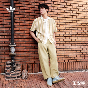 王安宇同款 男夏adidas阿迪达斯三叶草 度假风网眼钩针翻领短袖 衬衫