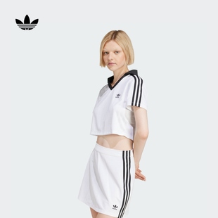 短款 POLO衫 经典 运动上衣V领短袖 adidas阿迪达斯三叶草 女夏季 新款