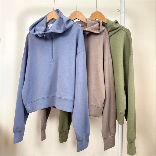 7E2 外贸女士莫代尔连帽卫衣 春秋女装宽松纯色半拉链运动衫上衣