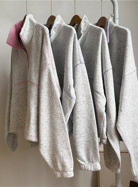 1C3 外贸女士抓绒衣立领卫衣 秋冬女装宽松灰色半拉链套头绒衫