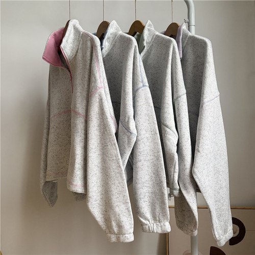 1C3 外贸女士抓绒衣立领卫衣 秋冬女装宽松灰色半拉链套头绒衫