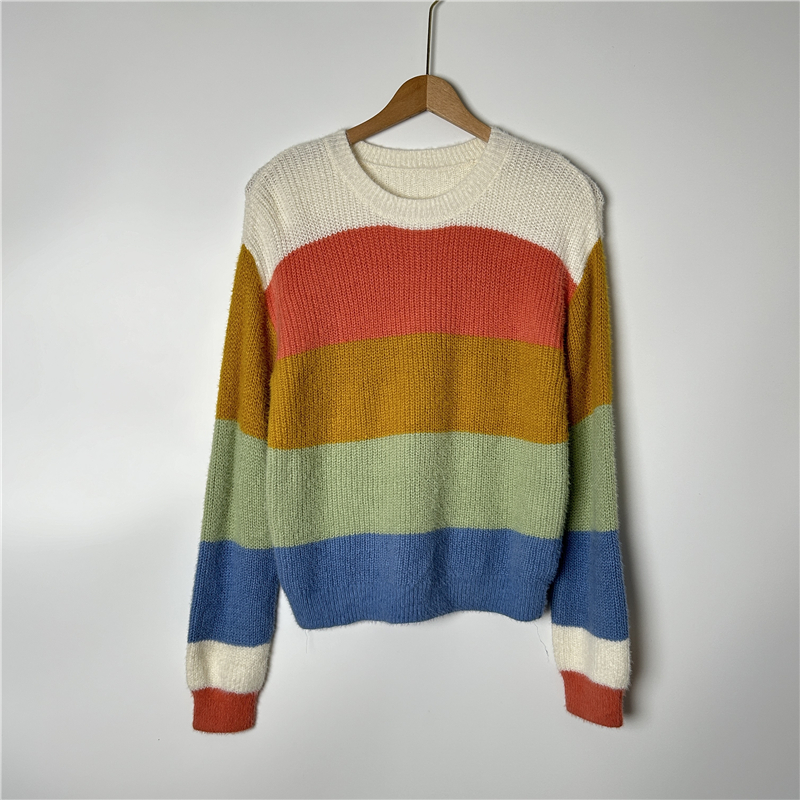 9A2 外贸女童大彩条圆领毛衣春秋冬3-18岁女宝锦纶长袖针织衫