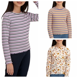 16岁女碎花条纹圆领打底衫 8C2 春秋8 T恤 外贸女童粘纤弹力长袖