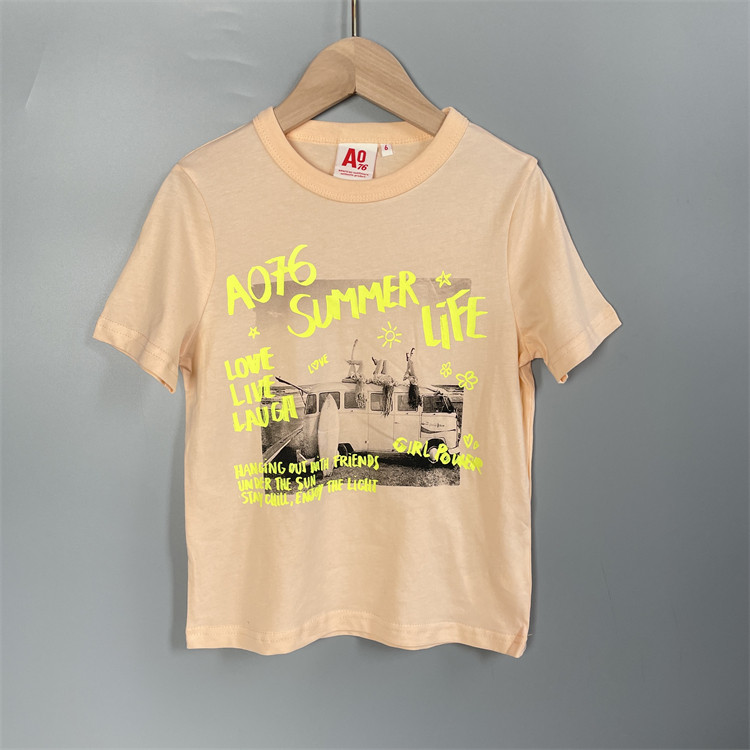 9G2 比利时AO76女童纯棉短袖T恤 夏季6-12岁浅橙色印花圆领T