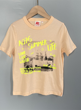 9G2 比利时AO76女童纯棉短袖T恤 夏季6-12岁浅橙色印花圆领T