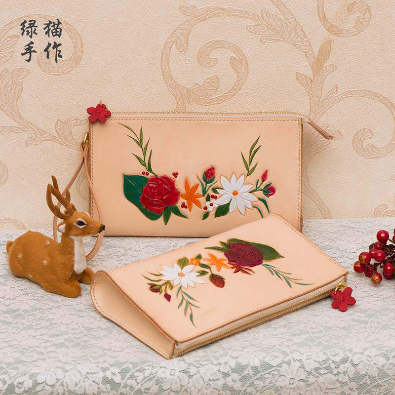 纯手工手拿包 植鞣皮雕手拿袋 真皮手工钱包 女士包包定制钱包女