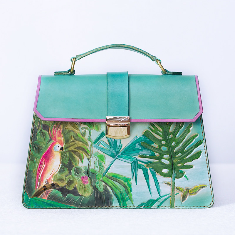 绿猫纯手工植鞣皮雕包 手工真皮风琴包 民族风手提包