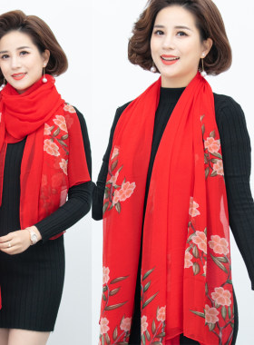 鳄鱼纱巾纯色长款女式秋冬季印花