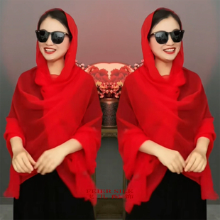 鳄鱼皱丝巾纱巾围巾女百搭中年红色跳舞同学聚会旅游拍照防晒披肩