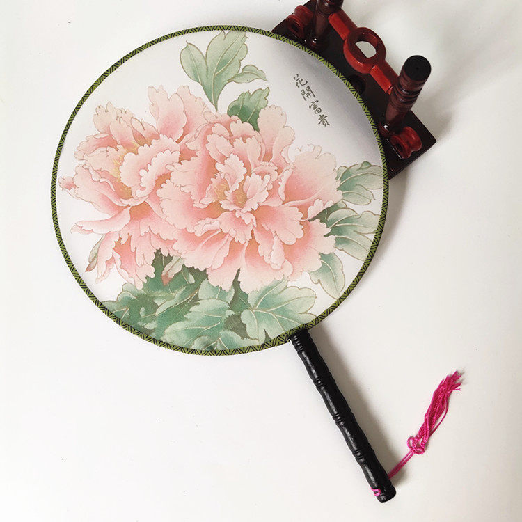 真丝团扇手工宫廷风牡丹花印染绫绢中国风扇子舞蹈道具扇子大号