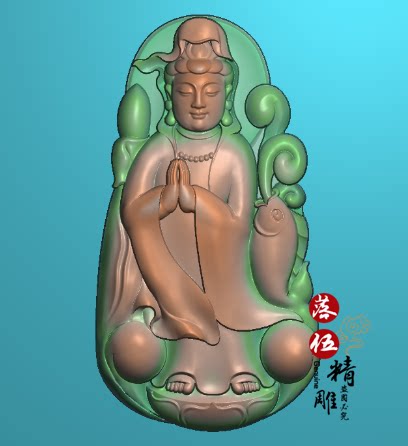 站观音0741浮雕图 精雕图 灰度图 席面网格 观世音 鱼 立体雕刻图