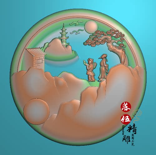 山水人物李白书童圆牌1799玉雕楼塔松鹤精雕图JDP浮雕图BMP灰度图