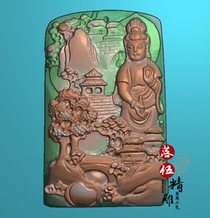 山水观音00214祥云牌头无事牌素牌平安无事牌精雕图浮雕玉雕灰度