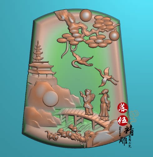 山水人物过桥松鹤小桥流水4695新款随形精雕图JDP玉雕电脑雕刻图