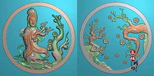 侍女美女赏花圆牌踏雪寻梅祥云梅花正背两面1785精雕图JDP浮雕BMP
