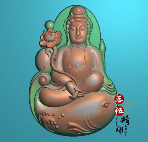 持莲花坐鱼观音00279扫描无线条山水净瓶坐观音挂件精雕图浮雕玉