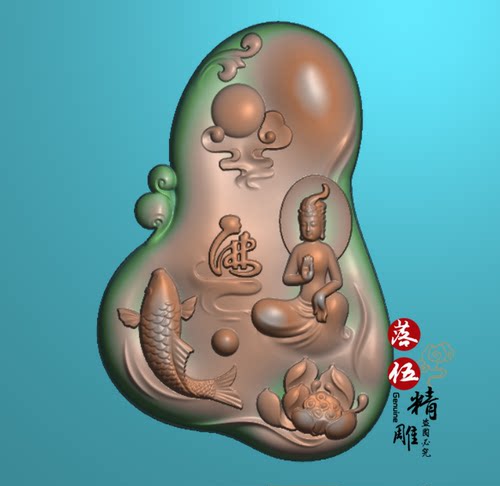 观音 鲤鱼73714平安扣挂坠吊坠花件精雕图浮雕玉雕灰度图JDPBMP