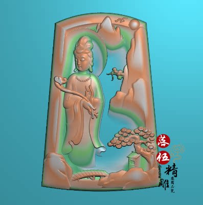 山水持如意站观音1524浮雕图 精雕图 灰度图 锦绣山水 小桥 菩萨