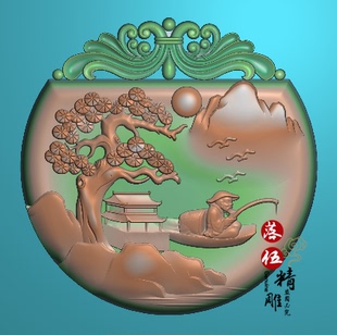 山水牌头框渔翁垂钓鱼3242浮雕图 精雕图 灰度图荷花新款小桥人家