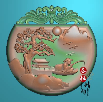 山水牌头框渔翁垂钓鱼3242浮雕图 精雕图 灰度图荷花新款小桥人家