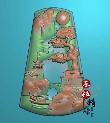 山水人家32165圆形山水挂件精雕图浮雕玉雕灰度JDPBMP电脑雕刻图