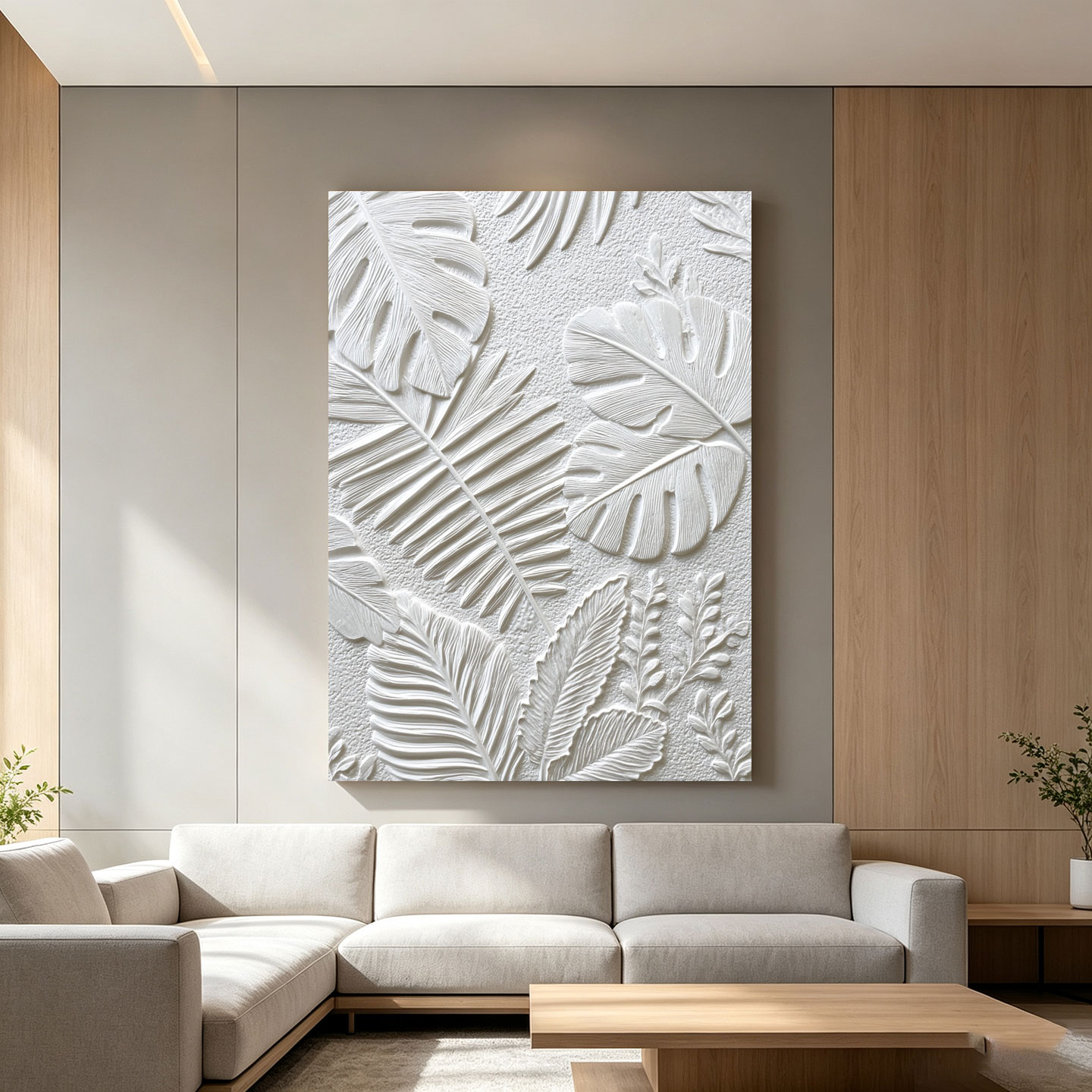 立体肌理浮雕装饰画纯白植物叶客厅玄关砂岩质感挂画现代艺术壁画