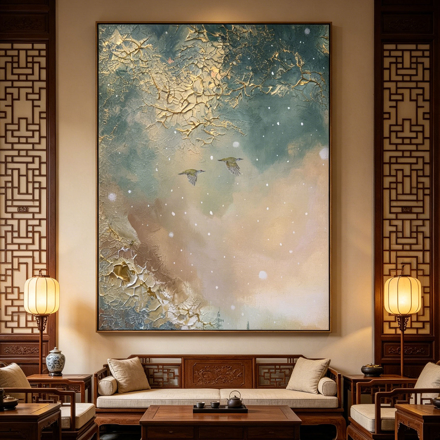 中古风肌理双雁客厅装饰画 中式民宿酒店挂画 手绘油画背景墙壁画