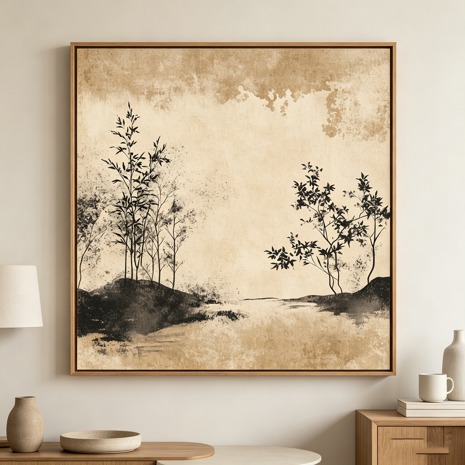 中古风手绘油画 客厅装饰画肌理感山水挂画 小众艺术餐厅背景墙画