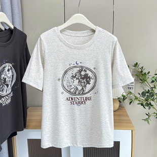 正肩宽松印花胖妹妹半袖 大码 2026新款 T恤女200斤胖mm夏装 上衣 短袖