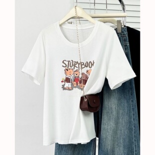 正肩宽松卡通印花纯棉半袖 T恤女200斤胖mm夏2026新款 上衣 短袖 大码