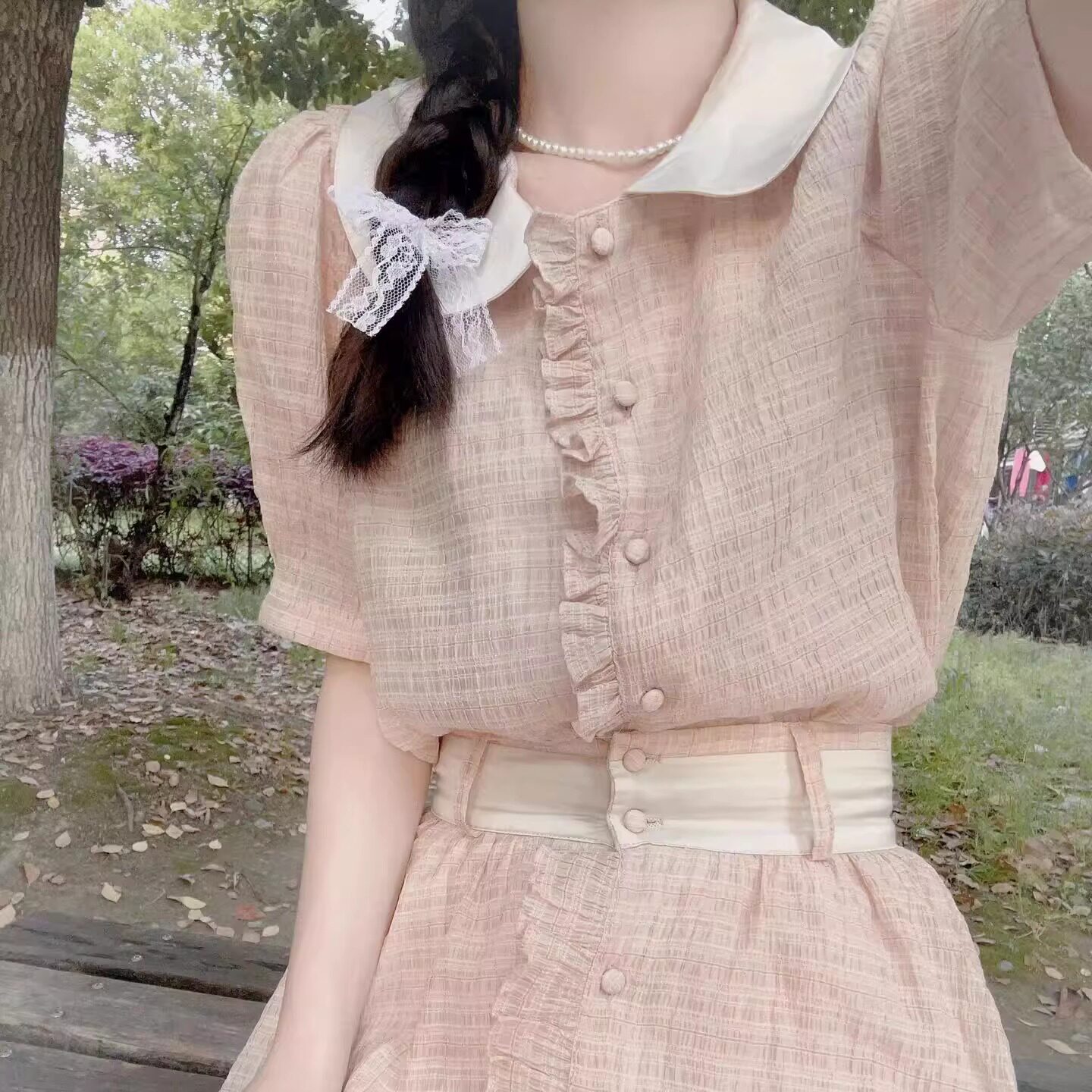 度假风甜美粉嫩套装裙女夏季新款荷叶边娃娃领减龄上衣长裙两件套
