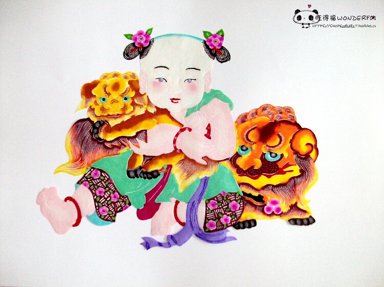 杨柳青年画娃娃款蔚县剪纸15 手工刻 宣纸染色 出国礼品 新年窗花