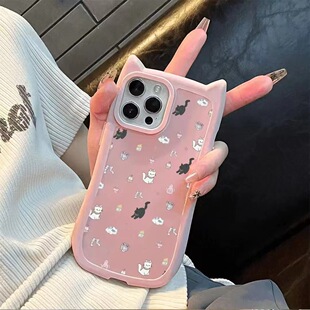 小猫猫耳朵适用苹果16手机壳iphone14promax磨砂13甜妹15plus硬12全包软胶透明日韩个性卡通立体气质猫咪网红