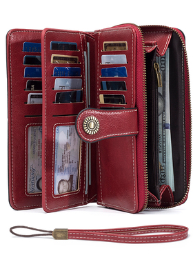 RFID防盗刷 复古大容量 油蜡皮革长钱包手拿包纯色女式钱包