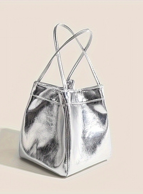 闪亮银色迷你时尚女士水桶包晚宴包，PU闪亮手拎包