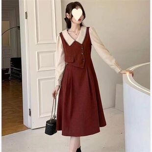 娃娃领减龄设计感马甲拼接假两件连衣裙秋冬季大码文雅气质长裙子