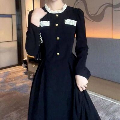 春装新款赫本风法式大码显瘦黑色连衣裙女春秋富家小千金香风长裙