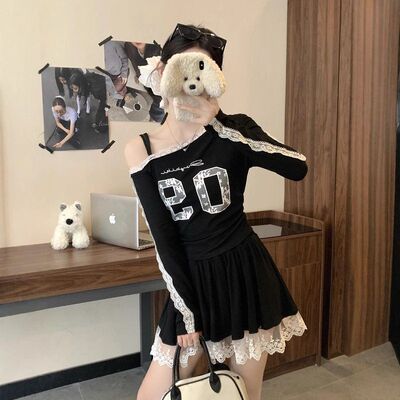 纯欲风大学生套装裙女早春露斜肩长袖上衣蕾丝A字短裙辣妹两件套