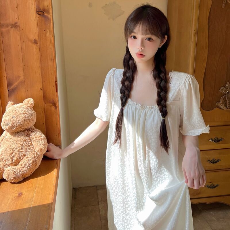 冰丝睡裙女夏季法式简约短袖蕾丝薄款连衣裙带胸垫女士睡衣家居服
