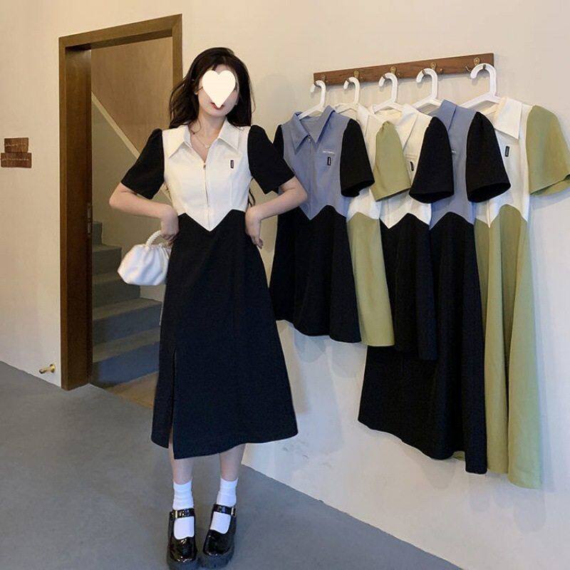 设计感撞色拼接连衣裙女夏季韩版2023新款POLO领收腰显瘦短袖裙子