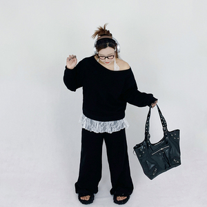 Milu家大码女装设计感露肩卫衣蕾丝背心阔腿裤胖mm显瘦三件套装潮