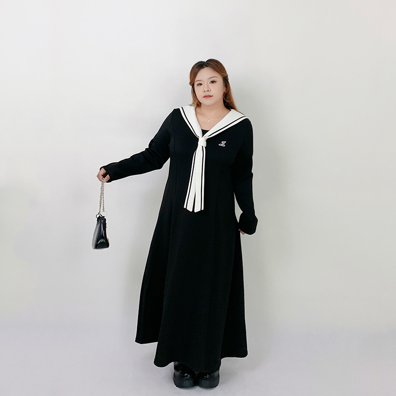Milu家大码女装秋季减龄海军领收腰显瘦长款过膝a字连衣裙胖mm潮