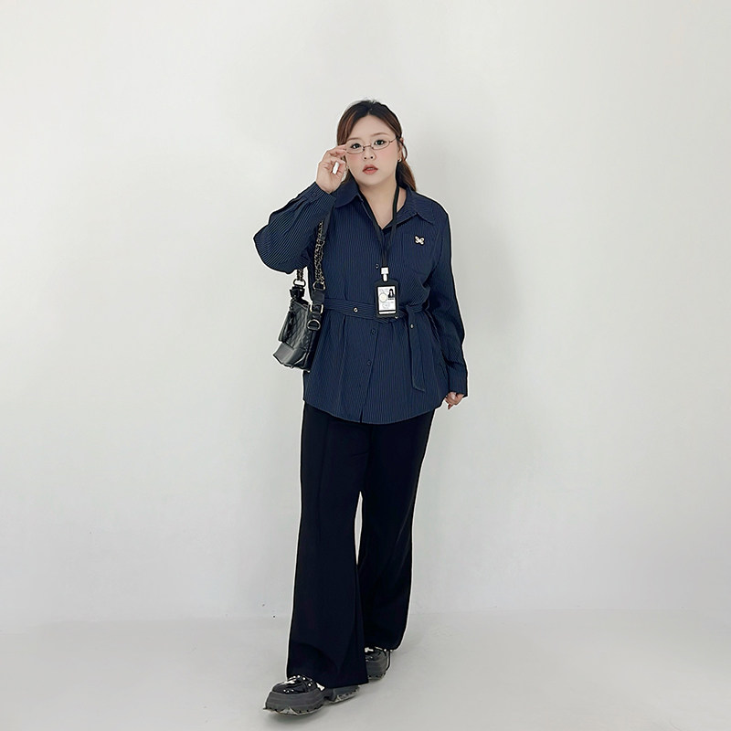 Milu家大码女装秋季设计感腰带收腰条纹长袖衬衫胖mm显瘦遮肉上衣
