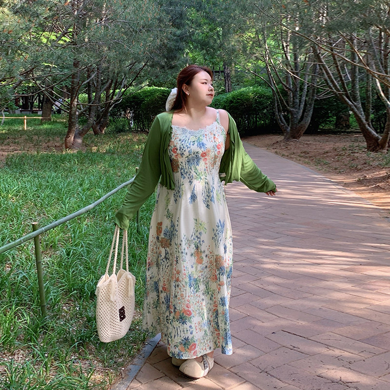 Milu家大码女装夏季法式度假碎花吊带长款连衣裙开衫胖mm显瘦套装