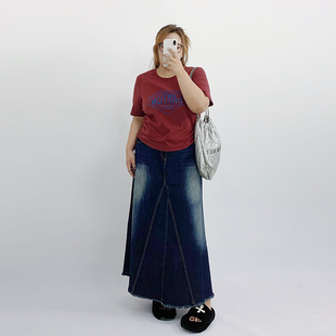 Milu家大码女装夏季高腰复古水洗磨白胖mm显瘦长款a字牛仔半身裙