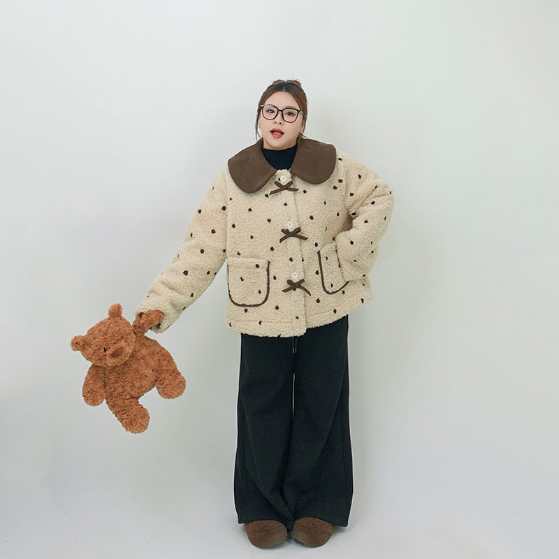 Milu家大码女装冬季可爱减龄娃娃领波点羊羔毛外套胖mm显瘦上衣潮