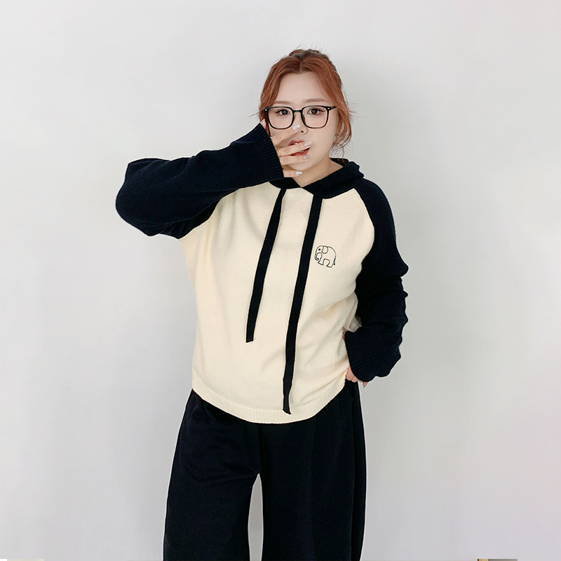 Milu家大码女装秋季软糯慵懒插肩袖连帽针织衫胖mm显瘦毛衣上衣潮